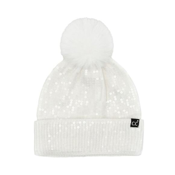 C.C Women’s White Sequin Pom Pom Knit Beanie & Silver Cubic Zirconia Earrings - Picture 3 of 16